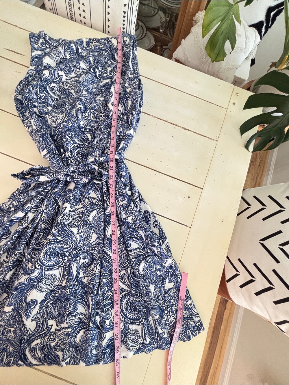 Anne Klein Fit & Flare Paisley Dress Size 16 Blue & White  w/ Belt Linen Blend - Picture 8 of 8